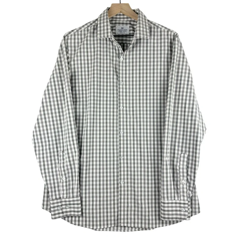 Mizzen Main Shirt Mens XL Trim Fit Performance Button Up Gray White Check